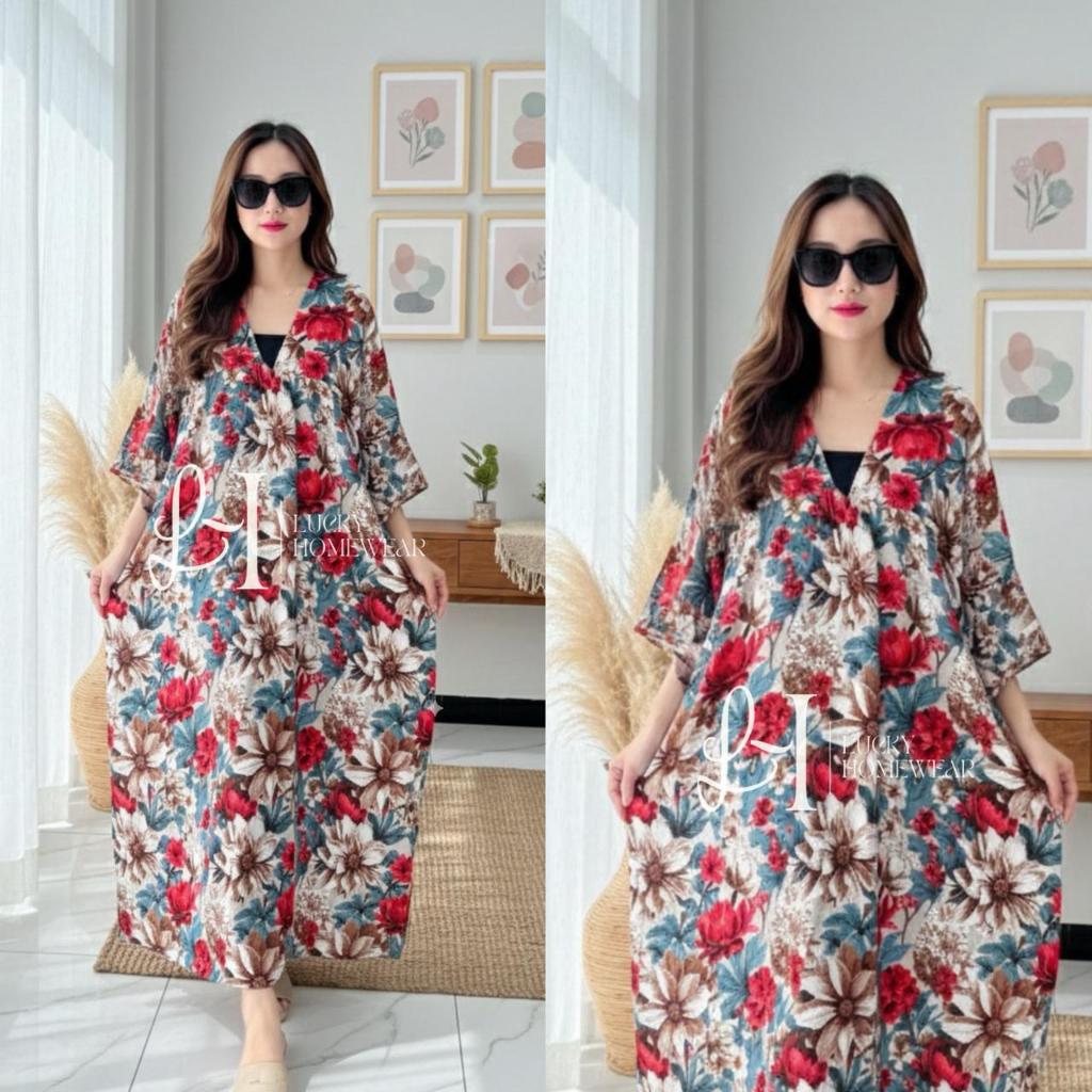 Daster Terbaru Motif Rayon Premium Lengan Lonceng Dress V Neck Resleting Busui 2025