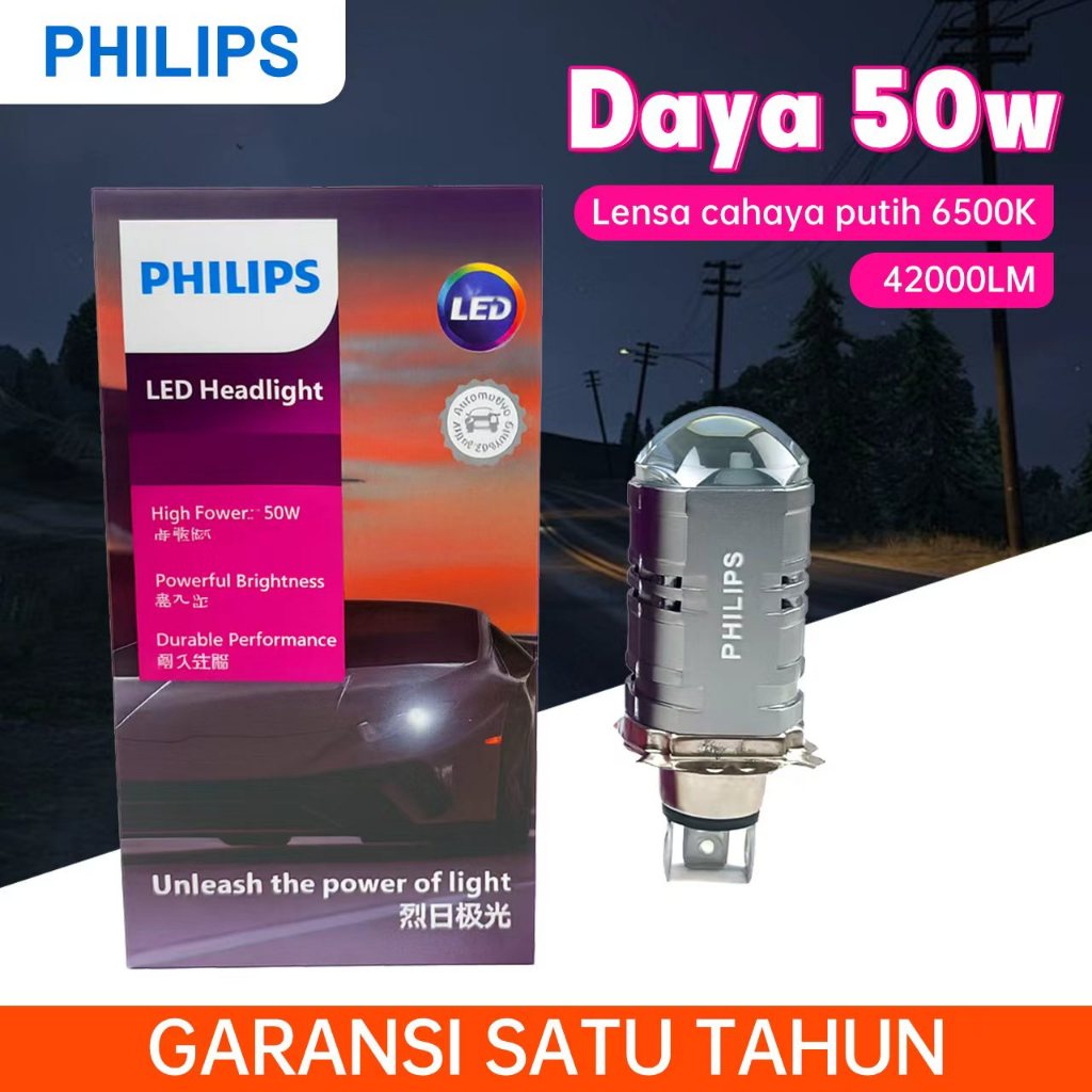Lampu LED Lensa PHILIPS untuk Motor/Mobil H4 9003  Putih AC/DC 12V 24V 50W Tiga cakar