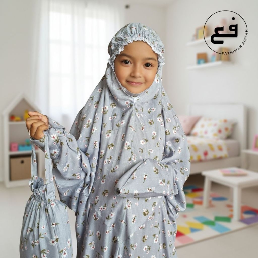 Mukena terusan anak rayon print bunga lajuran adem