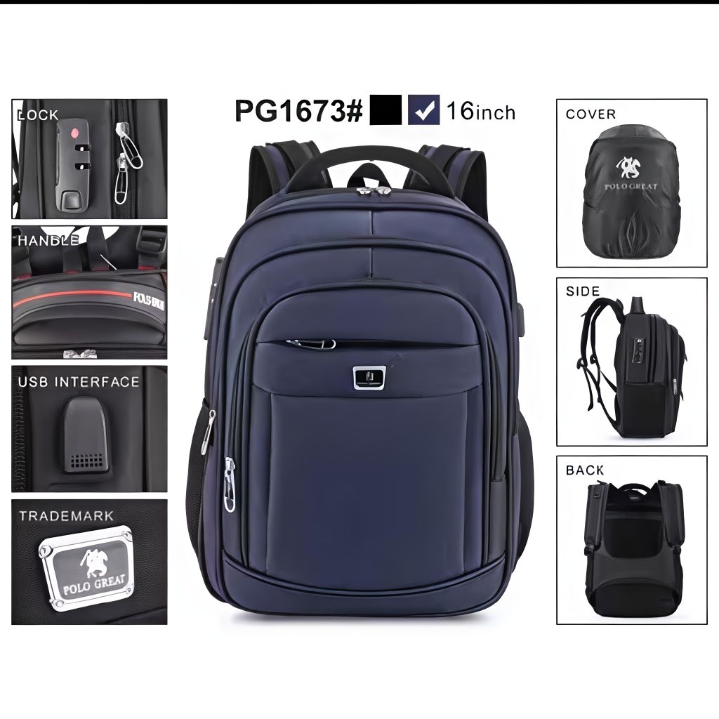 TAS RANSEL POLO GREAT Ransel 16 Inch Ransel laptop Backpack Pria Wanita USB Port