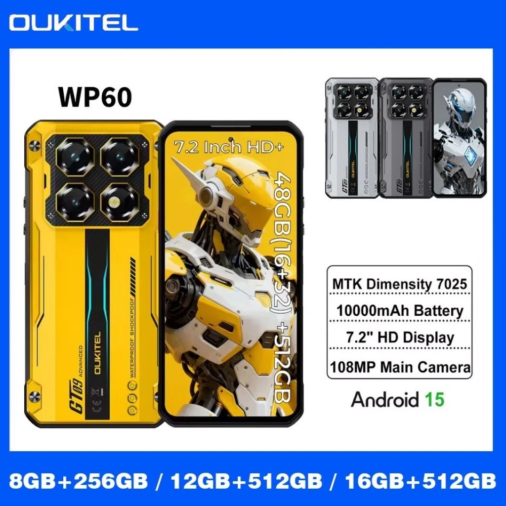 Oukitel WP60 Rugged 8GB/12GB/16GB+512GB 7.2 Inch 10000mAh 4G LTE Android 15 NFC