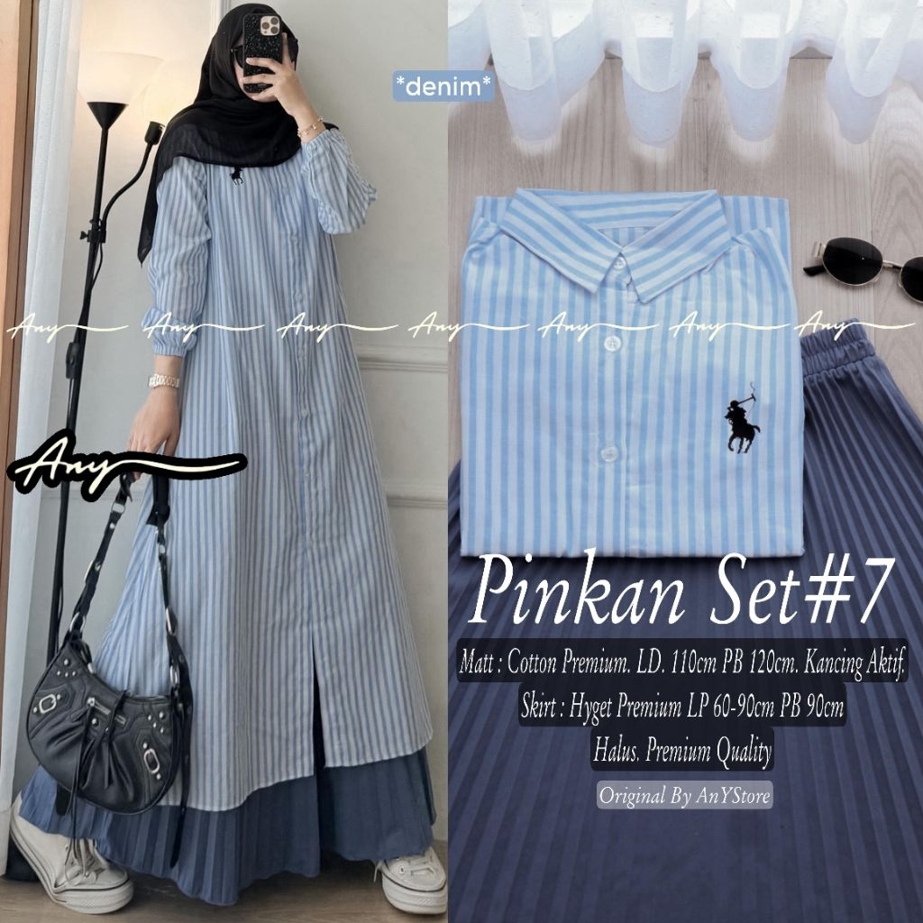 Pinkan Set #7 By Any / Setelan Tunik Salur Rok Plisket Ld 110