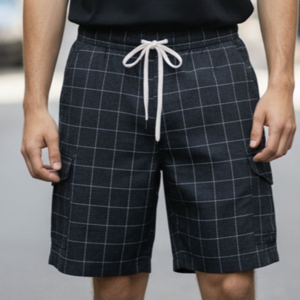 celana cargo pendek tartan, celana broadshot kargo tartan kain semi woll