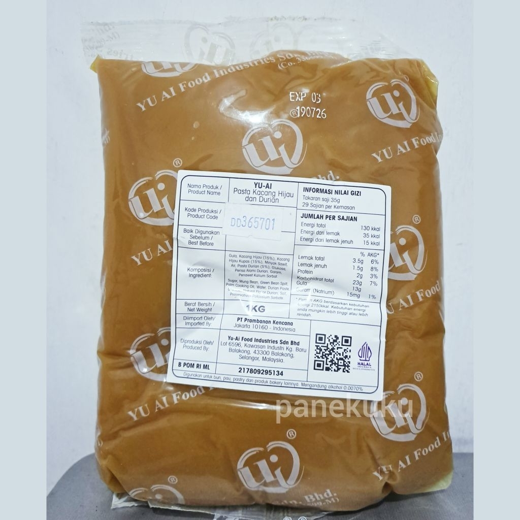Yu Ai selai DURIAN MUNG BEAN/ Durian kacang hijau repack 250 gram / Isi filling mooncake, roti, bakp