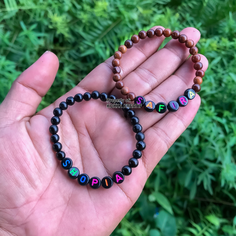 Gelang Nama Custom Manik Huruf & Kokka Asli Karet Elastis | Remaja Dewasa Kayu Kaukah Pria Wanita