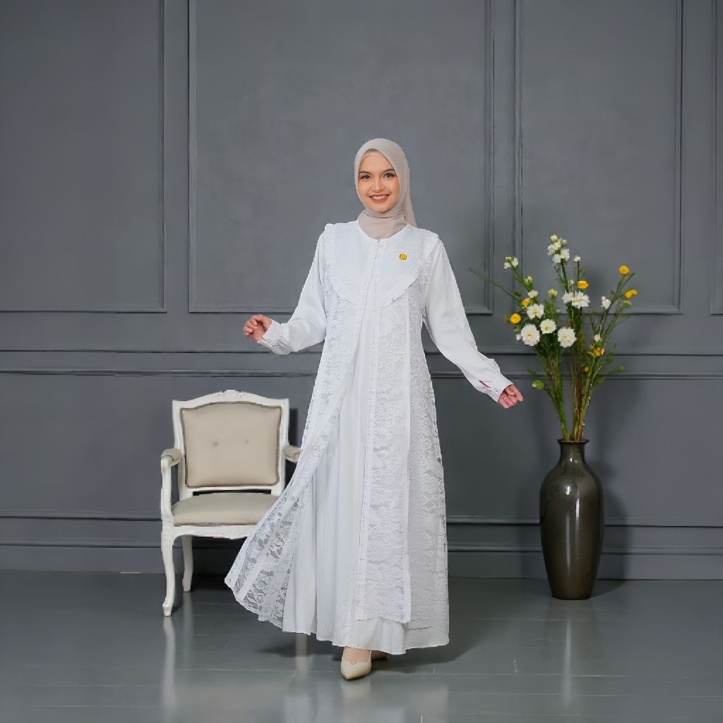Naura Dress Gamis Polo Linen Premium Kombinasi Brukat Premium