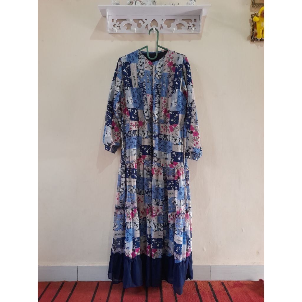 Preloved Gamis Wanita Muslimah Motif Bunga Warna Biru Navy | Busui Friendly | Kondisi Baik
