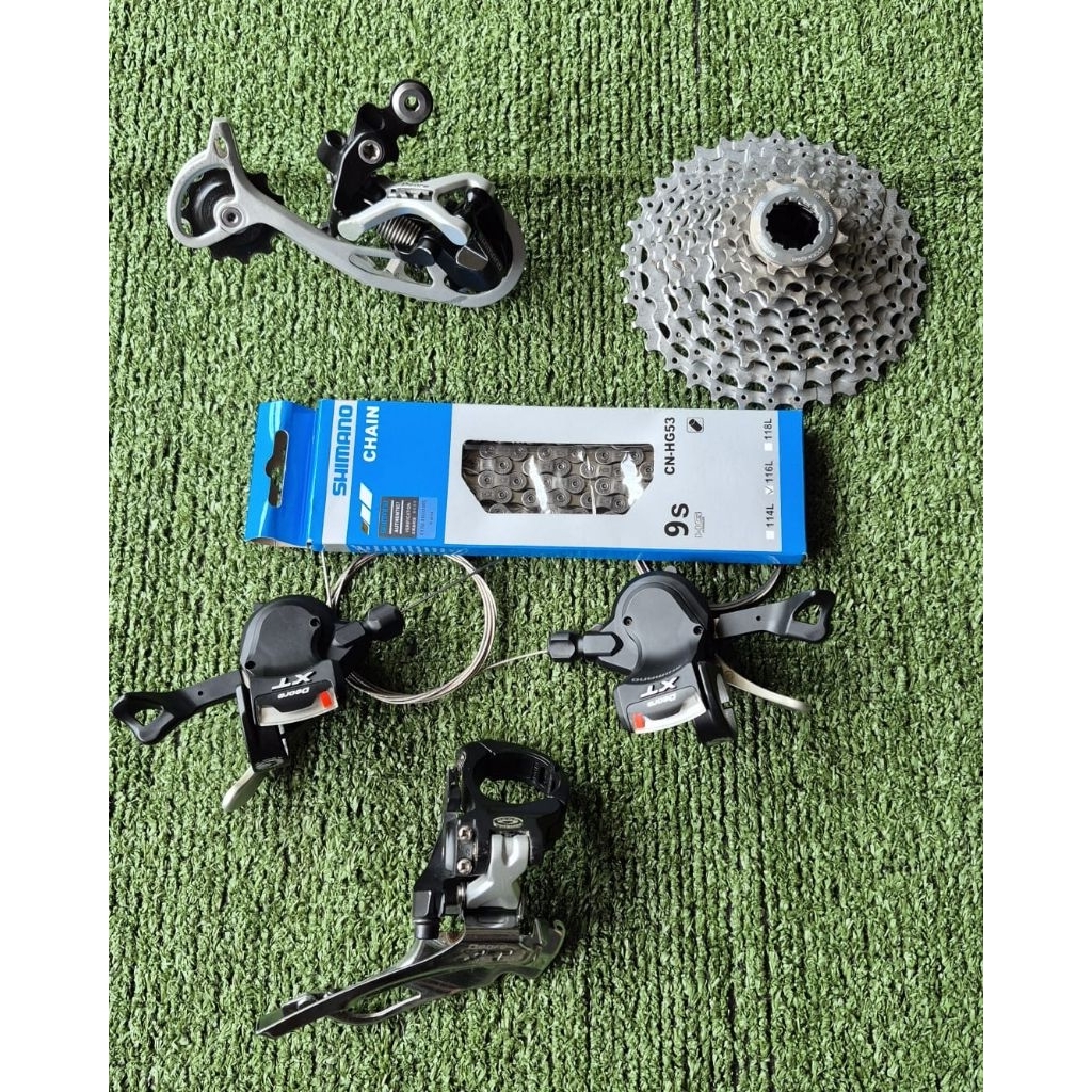 Groupset Mini Shimano Deore XT M770 3x9 Speed Crank Shifter Rantai FD RD Sprocket Japan Original Sec