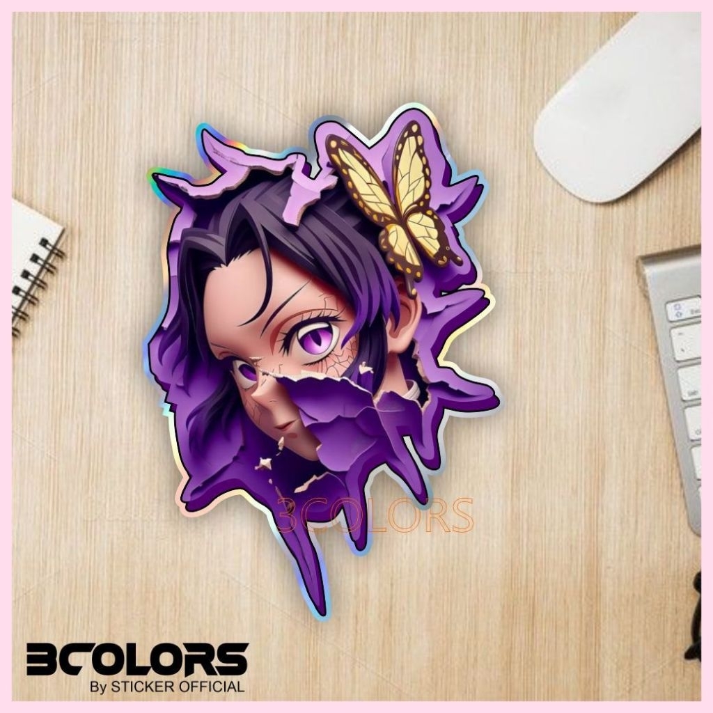 stiker anime, stiker bertekstur hologram, stiker anime shinobu kocho, mobil, motor, hp, tumbler