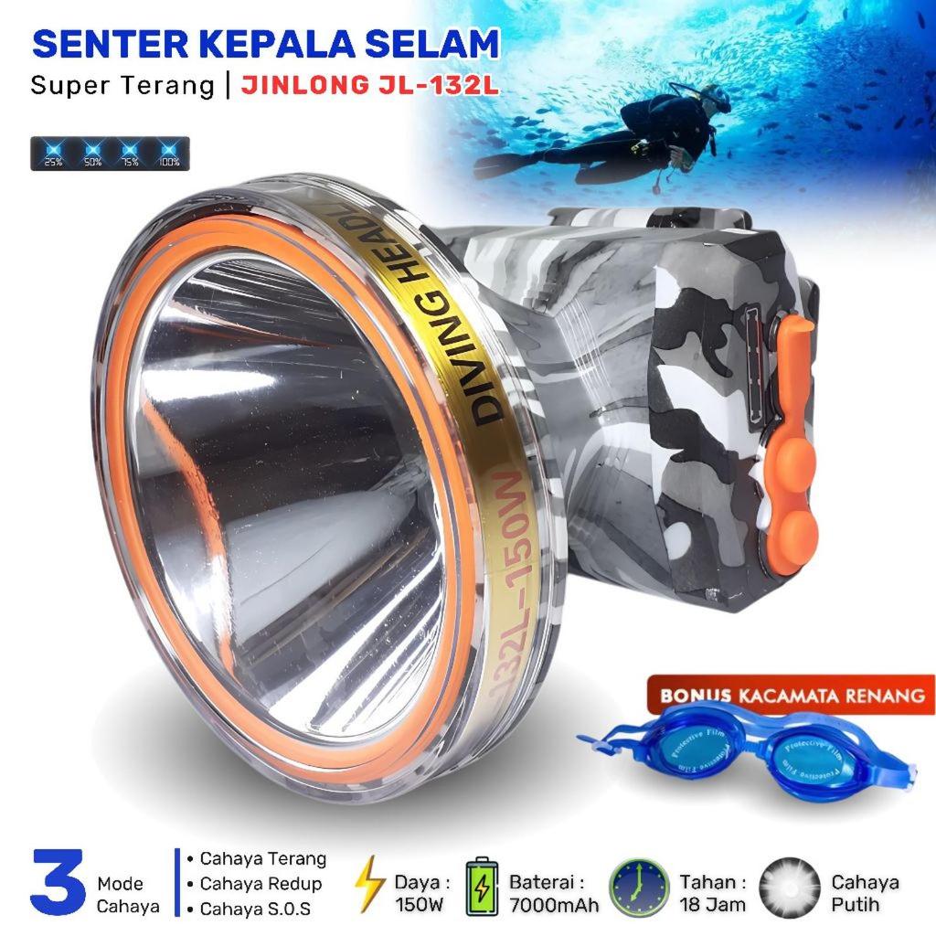 JINLONG Senter Kepala Selam 150W Cahaya Putih/Cahaya Kuning Loreng JL-132L Baterai Cas Ulang 7000mAh