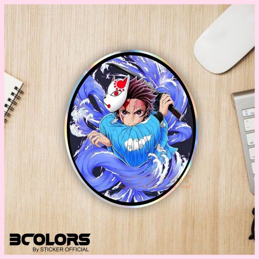stiker anime, stiker bertekstur hologram, stiker anime tanjiro, stiker mobil motor hp tumbler