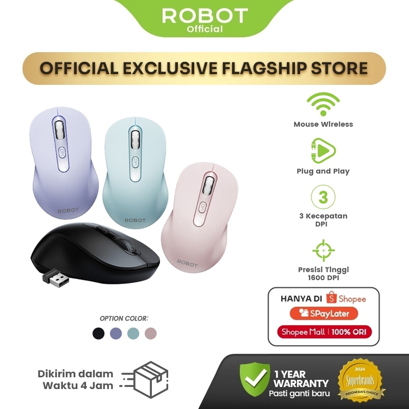 ROBOT Mouse Wireless M206 2.4GHz Optical 1600DPI Presisi Tinggi Akurat Plug and Play Tombol Daya Bat