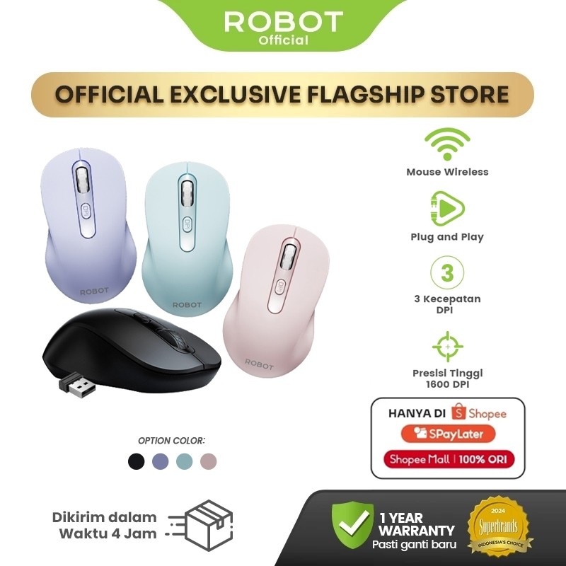 ROBOT Mouse Wireless M206 2.4GHz Optical 1600DPI Presisi Tinggi Akurat Plug and Play Tombol Daya Baterai Awet Kompatibel PC Laptop Mac Komputer Original - Garansi 1 Tahun