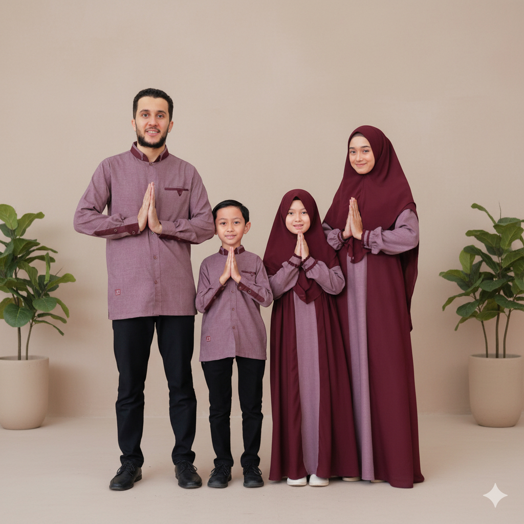 ARRA - Madina Sarimbit Lebaran Set Keluarga (Koko, Gamis, Kerudung) Warna Maroon Fashion Muslim