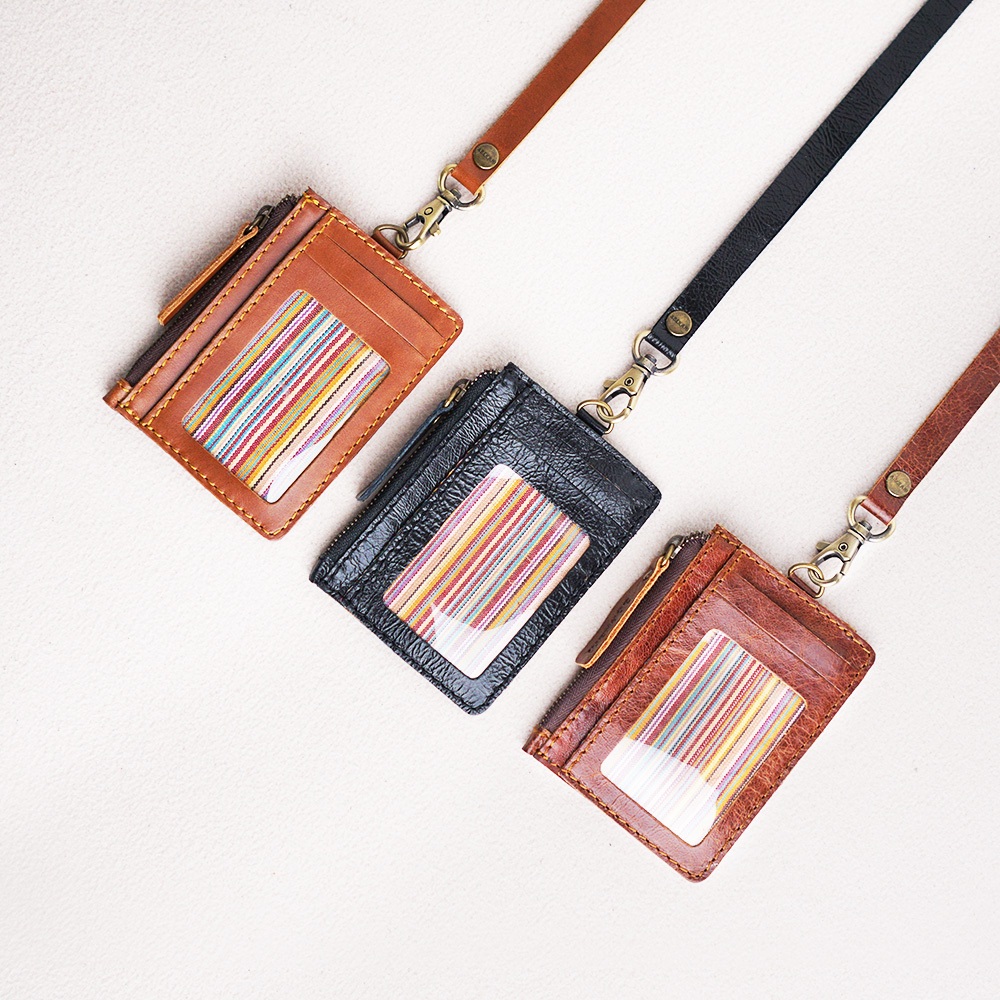 ABEKANI LEATHER Assesories Kantor ID Tag Lanyard Zipper Bahan Kulit Sapi Asli - ID Card Zipper