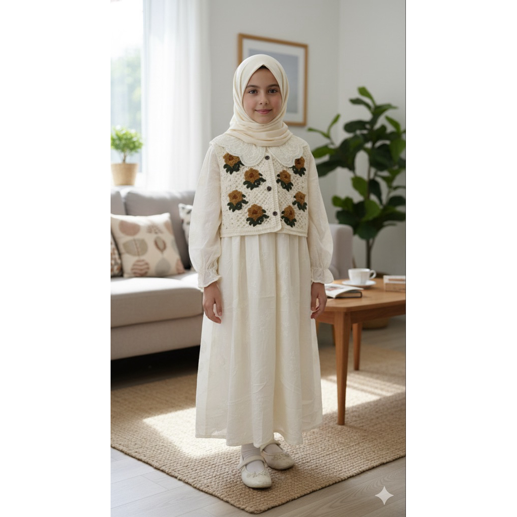 COD Gamis bkk anak perempuan viral 2025 bahan super cantik vest rajut sulam motif bunga premium