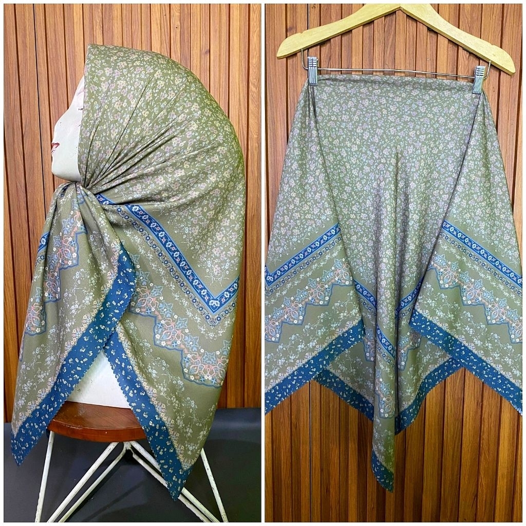 HIJAB SEGI EMPAT VOAL MOTIF BUNGA HUMAIRA HIJAU DENIM