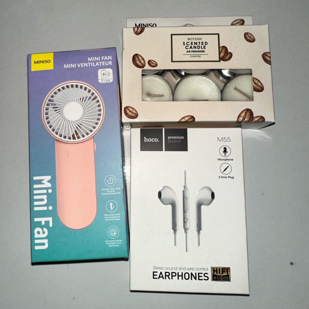 Miniso Mini Fan (Kipas Mini) / Miniso Scented Candle (Lilin Aromaterapi) / Hoco. Earphones M55