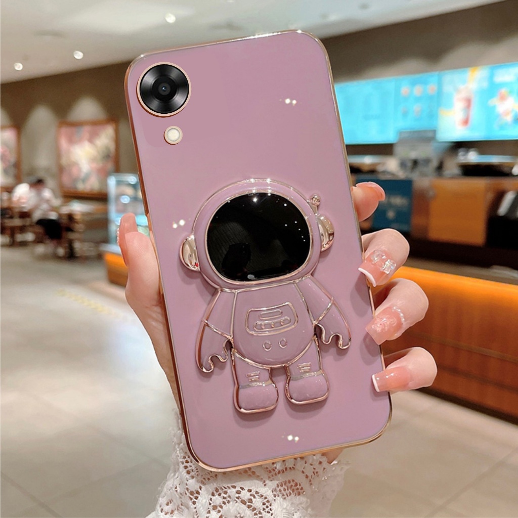 Soft Case Oppo A17 A17k Casing Silikon Dudukan Lipat Astronot Plating Mewah