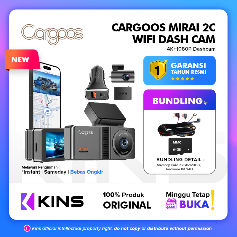 READY Cargoos Mirai 2C Dashcam 4K + 1080p GPS Wifi G-Sensor Loop Recording Kamera Dashboard Mobil