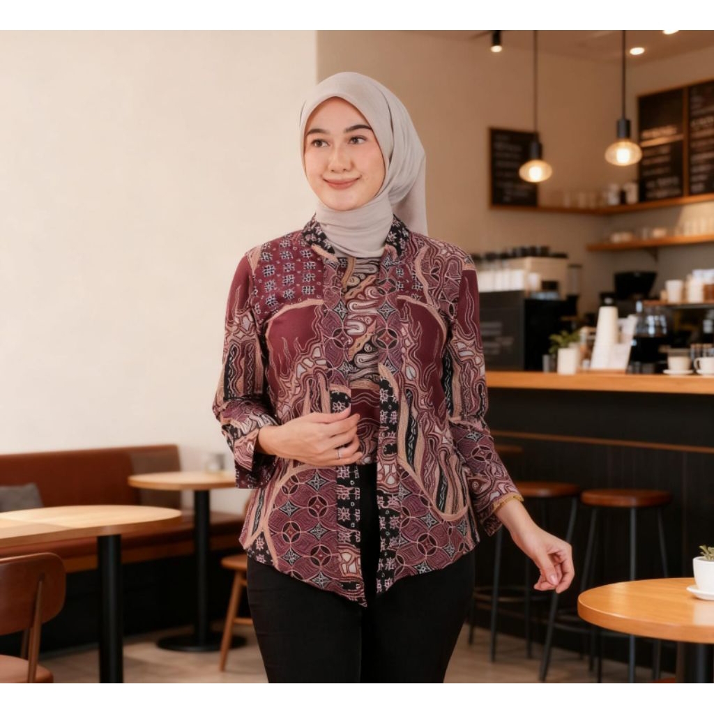 Baju Batik Wanita Modern Terbaru Blouse Batik Wanita Kain Katun Lengan Panjang Batik Wanita Model Ke