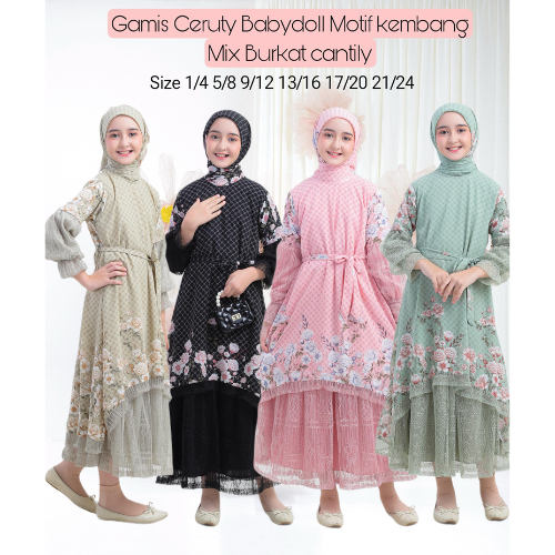 Gamis Set Hijab Anak Perempuan Ceruty Babydoll Motif Kembang Bunga Mix Cantily Baju Dress Pesta Moti