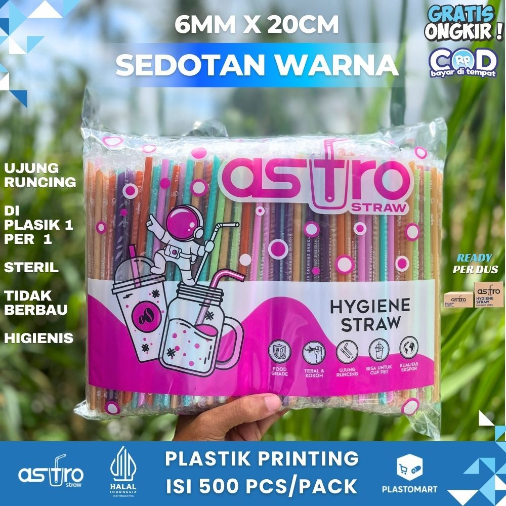 Sedotan Steril Warna Warni Runcing Astrostraw 6mm x 20cm Isi 500 Pcs plastik Printing - Sedotan Es t