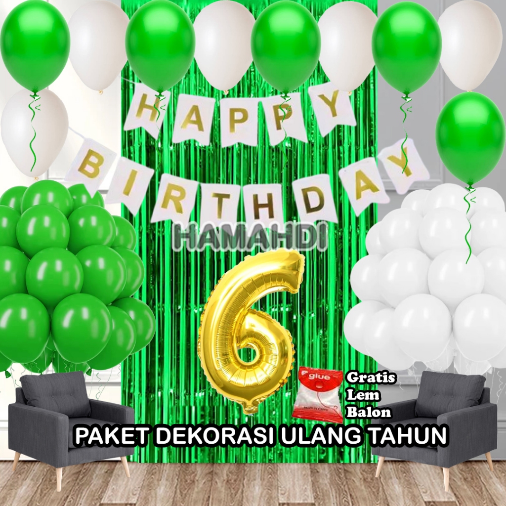 Paket Dekorasi Ulang Tahun Tirai Hijau Banner HBD Putih Balon Metalik Hijau dan Putih