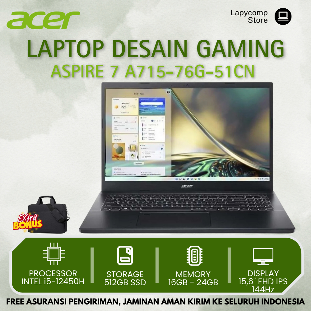 LAPTOP GAMING ACER 7 A715-76G-51CN CORE i5-12450H RAM 16GB SSD 512GB DUAL VGA NVIDIA GEFORCE GTX 4GB