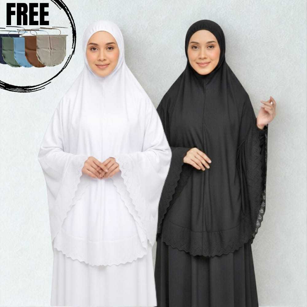 FREE Cadar Niqab Bergo Instan Renda Besar Jumbo - Kerudung Syari Katun Premium Grade A Hitam Putih