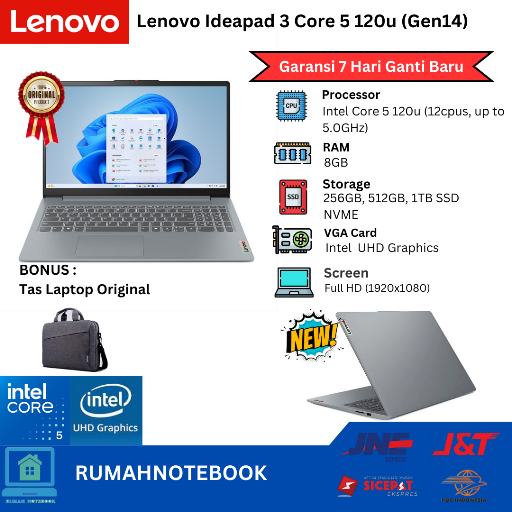 Laptop Baru Lenovo Ideapad 3 Core 5 120u  12cpu up to 5.0Ghz