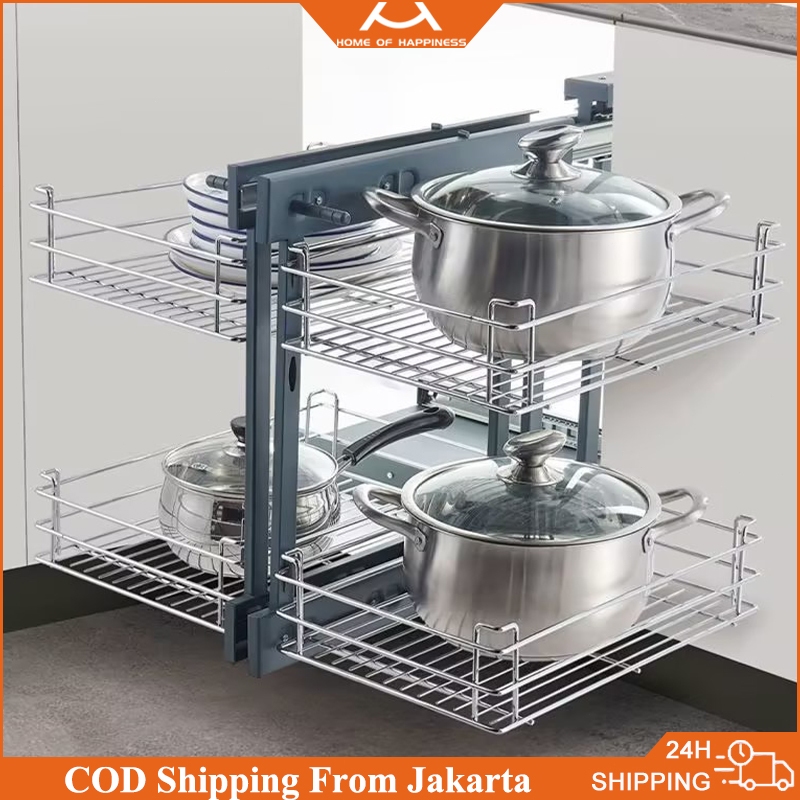 Dapur Keranjang Tarik Sudut Ajaib Rak Penyimpanan 2 Tingkat Rak Piring Tarik Keluar Rel Pemandu Gese