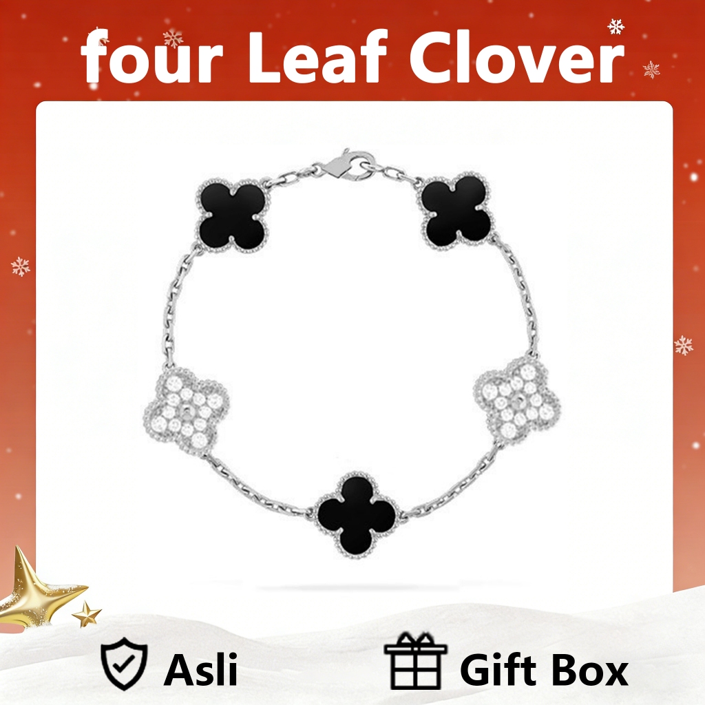 LOVE WHEEL Gelang Wanita four leaf clover Vintage Alhambra 5-Motif Bracelet in White Gold with Onyx 