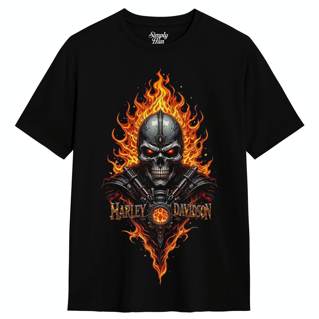 Kaos Distro Harley Davidson Flame Skull – T-Shirt Pria Biker Premium Cotton