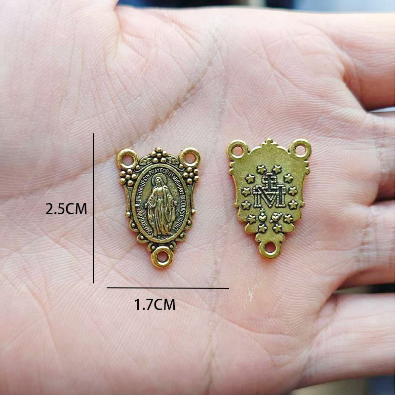 10 buah aksesori DIY Kalung Bunda Maria dua sisi emas vintage dengan tiga lubang