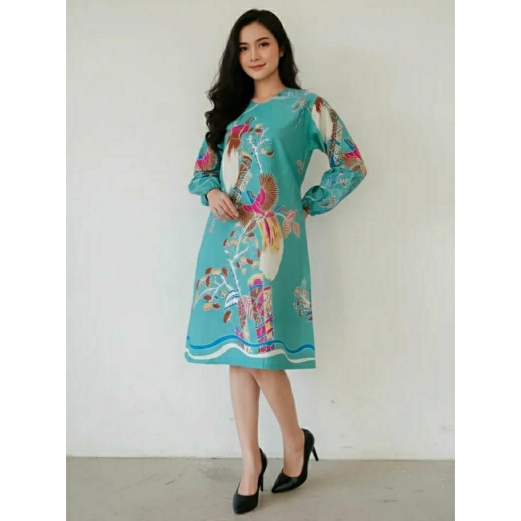 dress batik wanita modern motif burung papua warna tosca lengan balon
