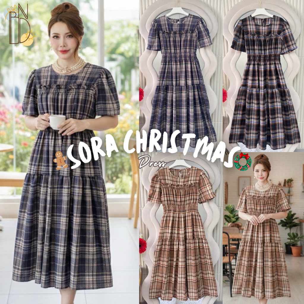 Sora christmas dress / dress wanita bangkok / dress kotak kotak / dress midi / dress import