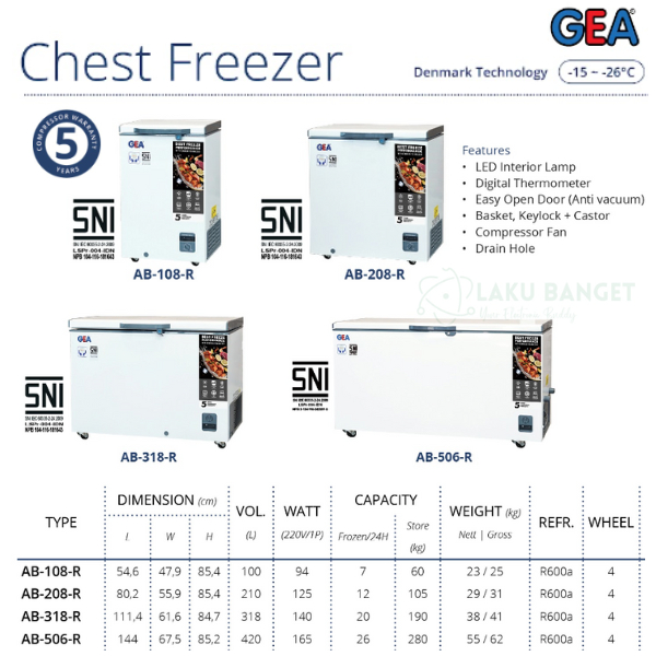 Chest Freezer GEA AB-108R / Freezer 1 Pintu GEA AB 208R / Freezer 318 Liter GEA AB318R / Freezer GEA