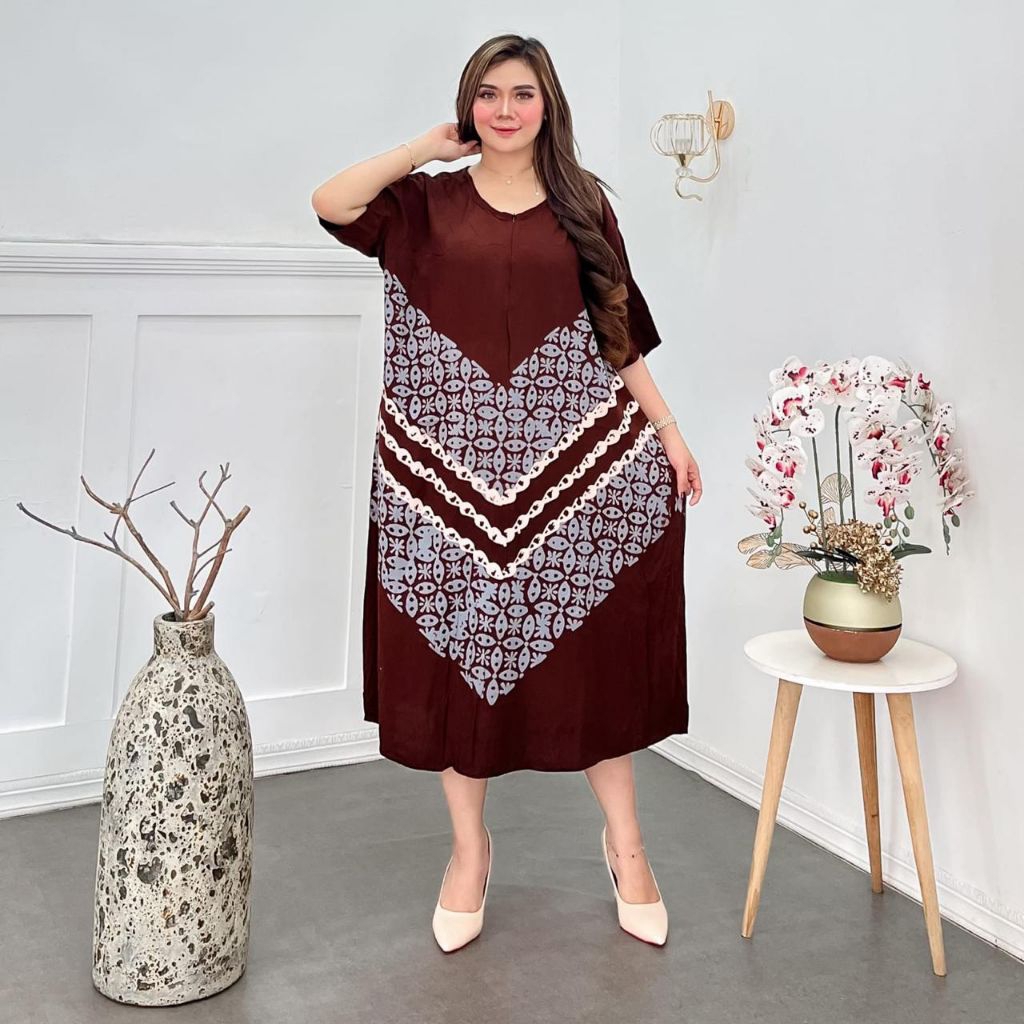 Daster Cap Twill Jumbo Bahan Rayon Premium AJL LD 130 PB 117 Model resleting depan Daster Wanita Cap