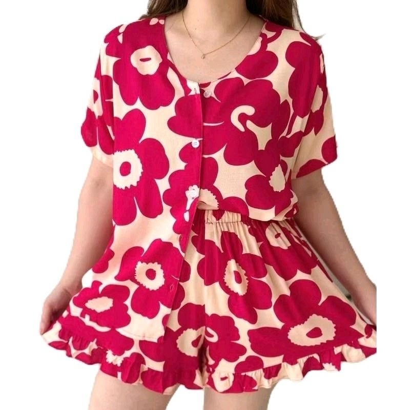 Baju Tidur Wanita/Onset Piyama Set Pendek Rumahan Jumbo [ L XL XXL ]