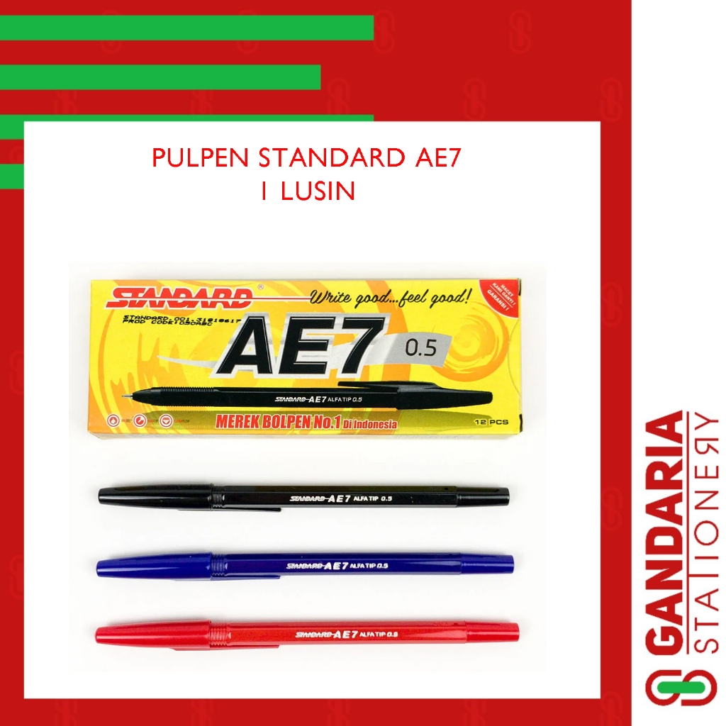 Pulpen Standar AE7 Hitam, Biru, Merah - 1 Lusin