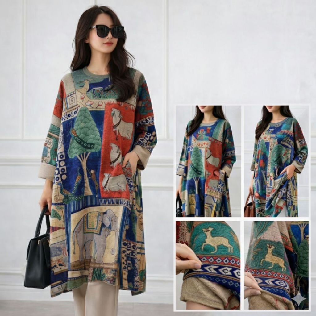 Kaos Tunik Rajut Import Premium Motif Artistik Oversize Wanita | Bahan Stretch Fit Big Size