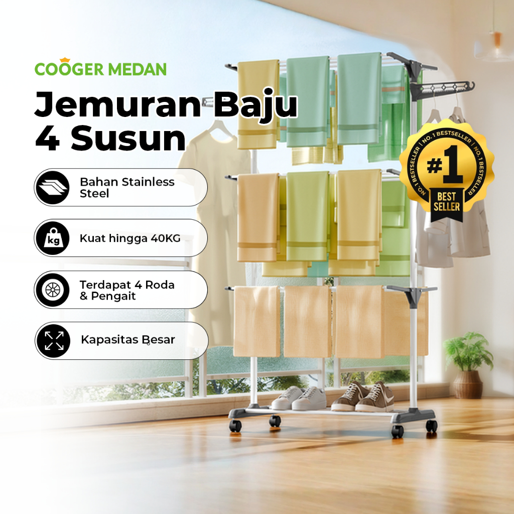 [DIKIRIM DARI MEDAN] COOGER MEDAN Jemuran Baju Lipat 4 Tingkat Stainless Steel - Rak Jemuran 4 Susun