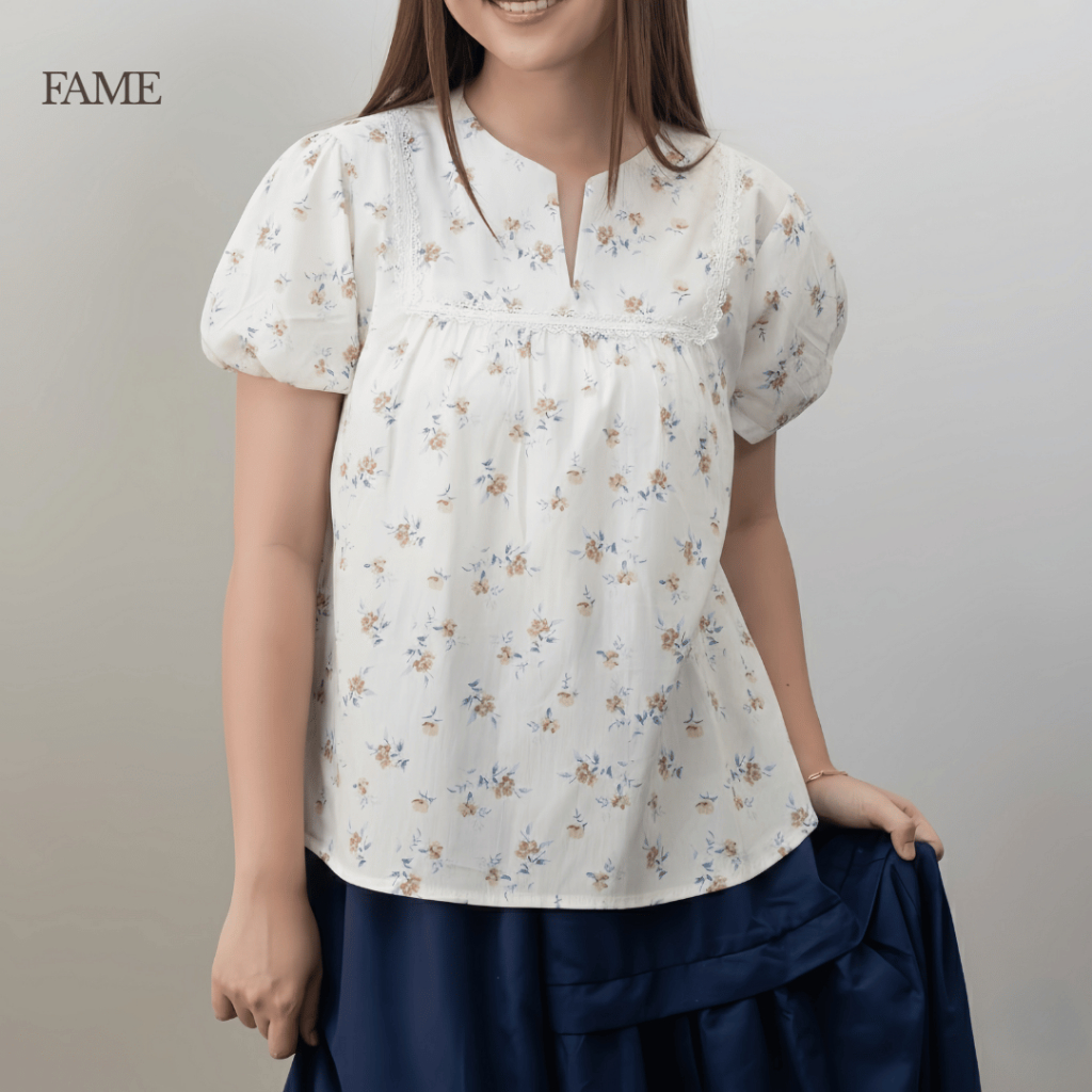 Blus Wanita Lengan Pendek Puff Bunga Broken White