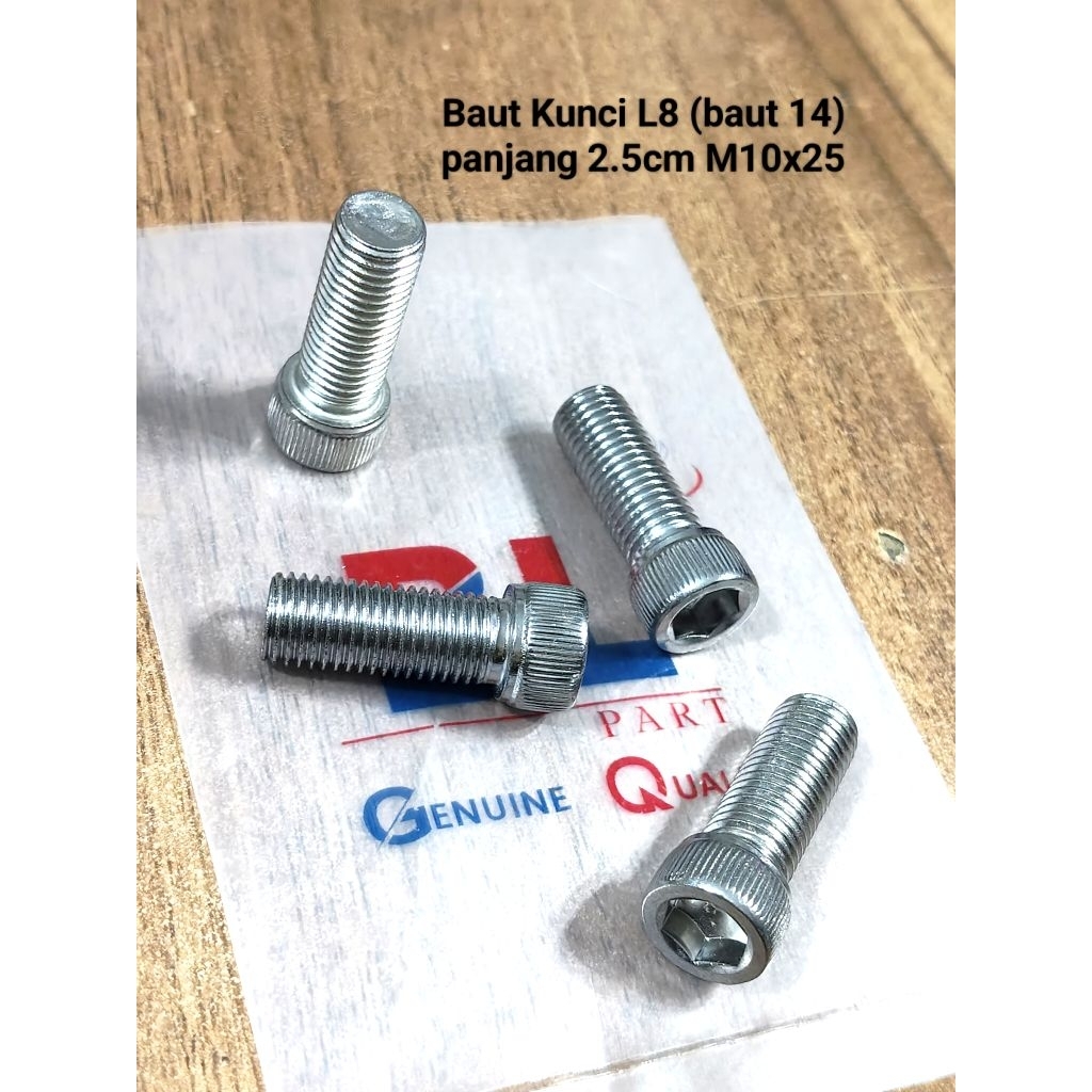 (4pcs) baut kunci L8 panjang 2.5cm kepala kecil M10x25 (baut 14)