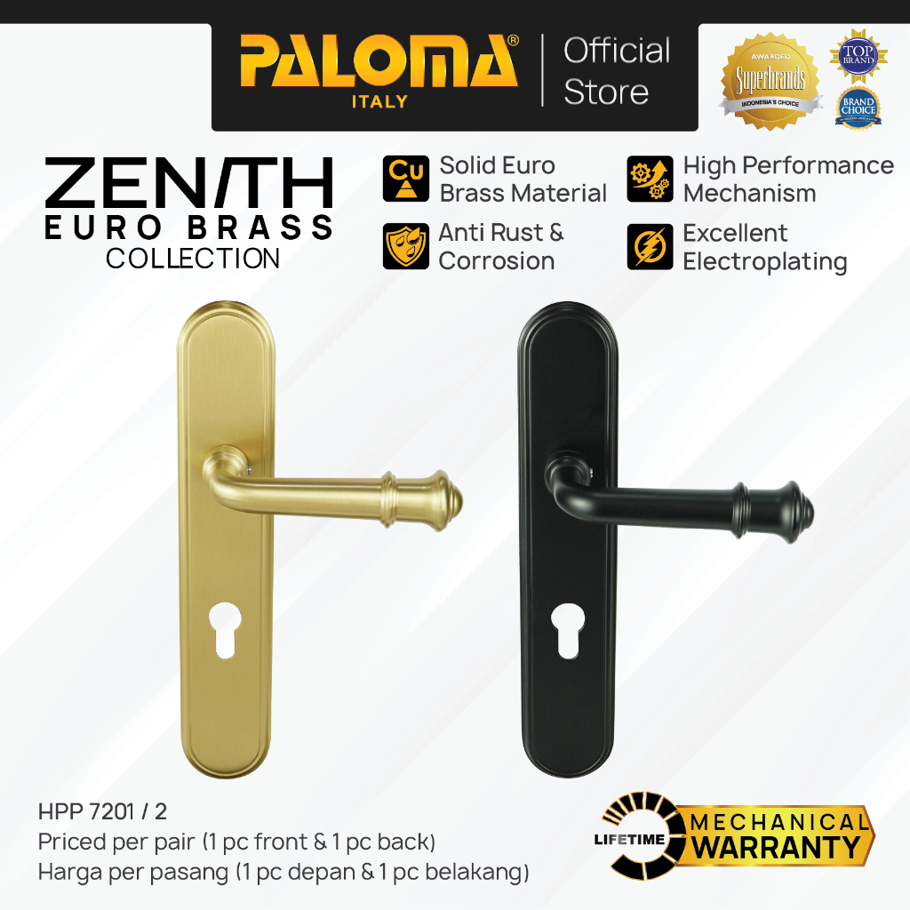 PALOMA Gagang Pintu Door Handle Plate Lever Euro Brass Kuningan Zenith Vienna Emas Gold Hitam Black 