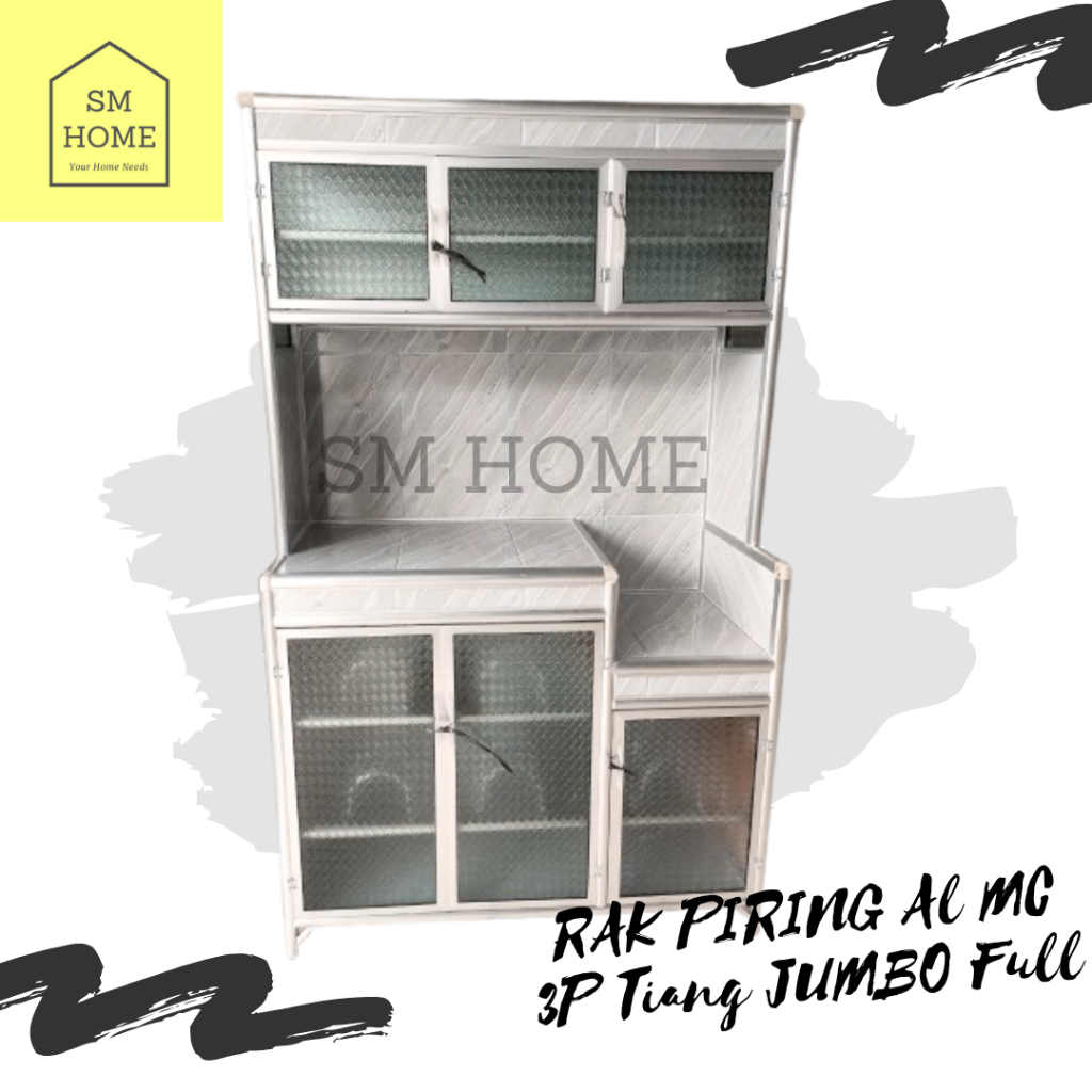 RAK PIRING ALUMINIUM 3PINTU MAGIC COM FULL KERAMIK TIANG BULAT JUMBO RAK DAPUR LEMARI DAPUR KACA KER