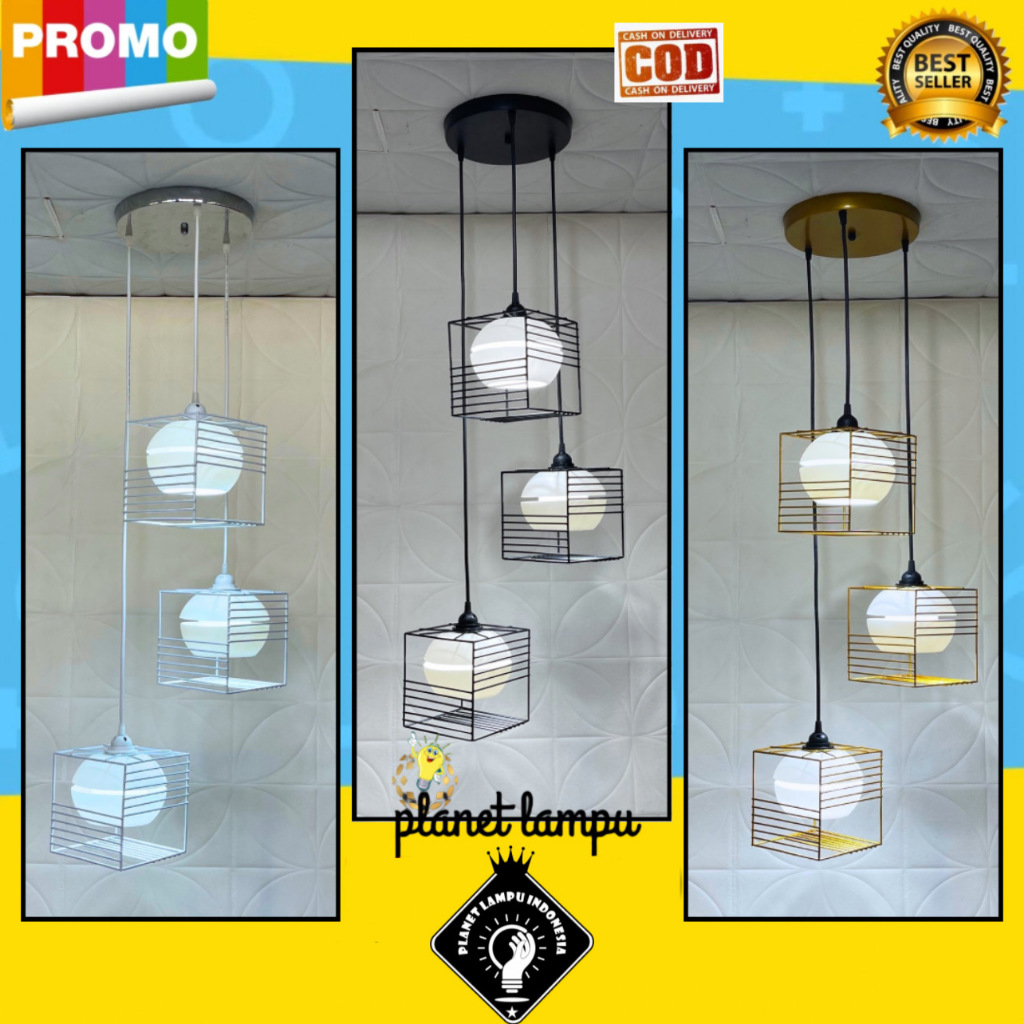Lampu Gantung Hias Estetik Minimalis Model Kotak Isi Bulat Putih Gantung 3 Plafon Bulat