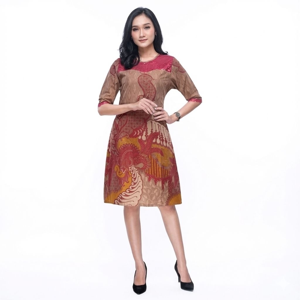 Baju Batik Wanita Alisa Dress Pendek - Dress Pesta Batik Kombinasi Brokat Coklat Maroon