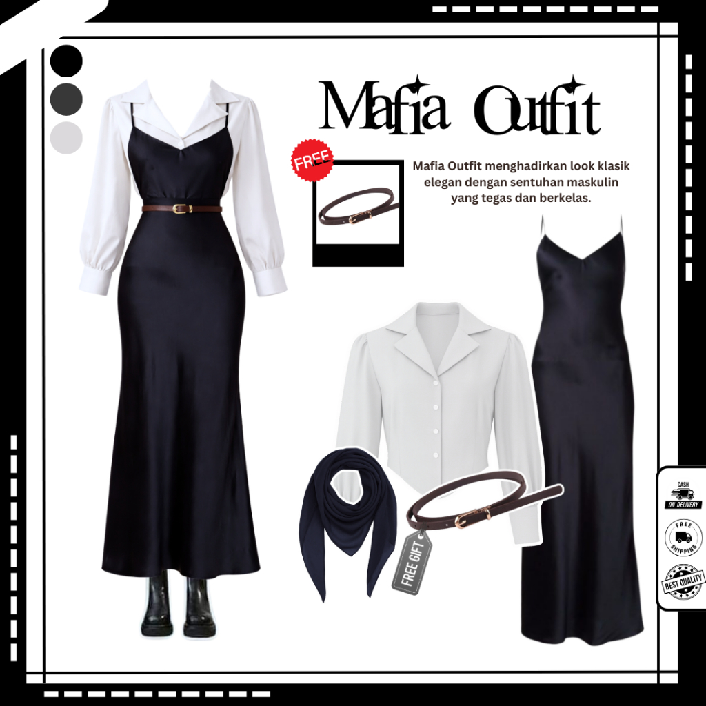 4in1 Mafia Dress Wanita Free Belt ( Bella Square + Kemeja + Dress ) One Set Terbaru Viral - N101